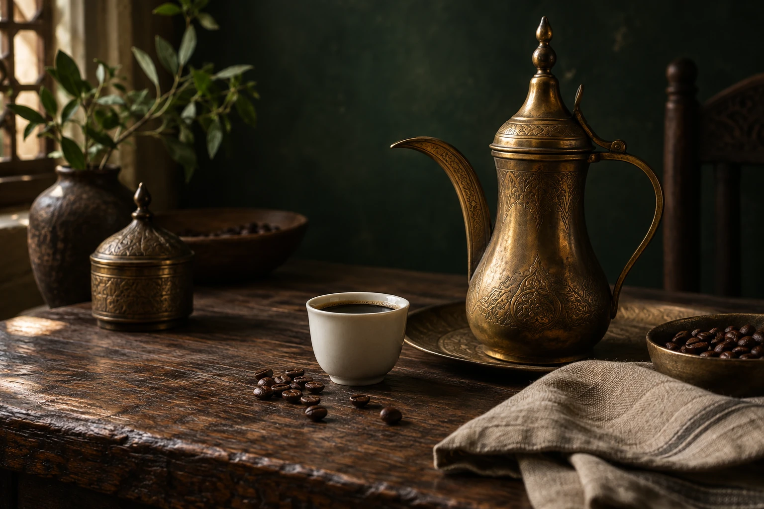 فنجان قهوه و قهوه‌جوش برنجی بر میز چوبی در نور ملایم