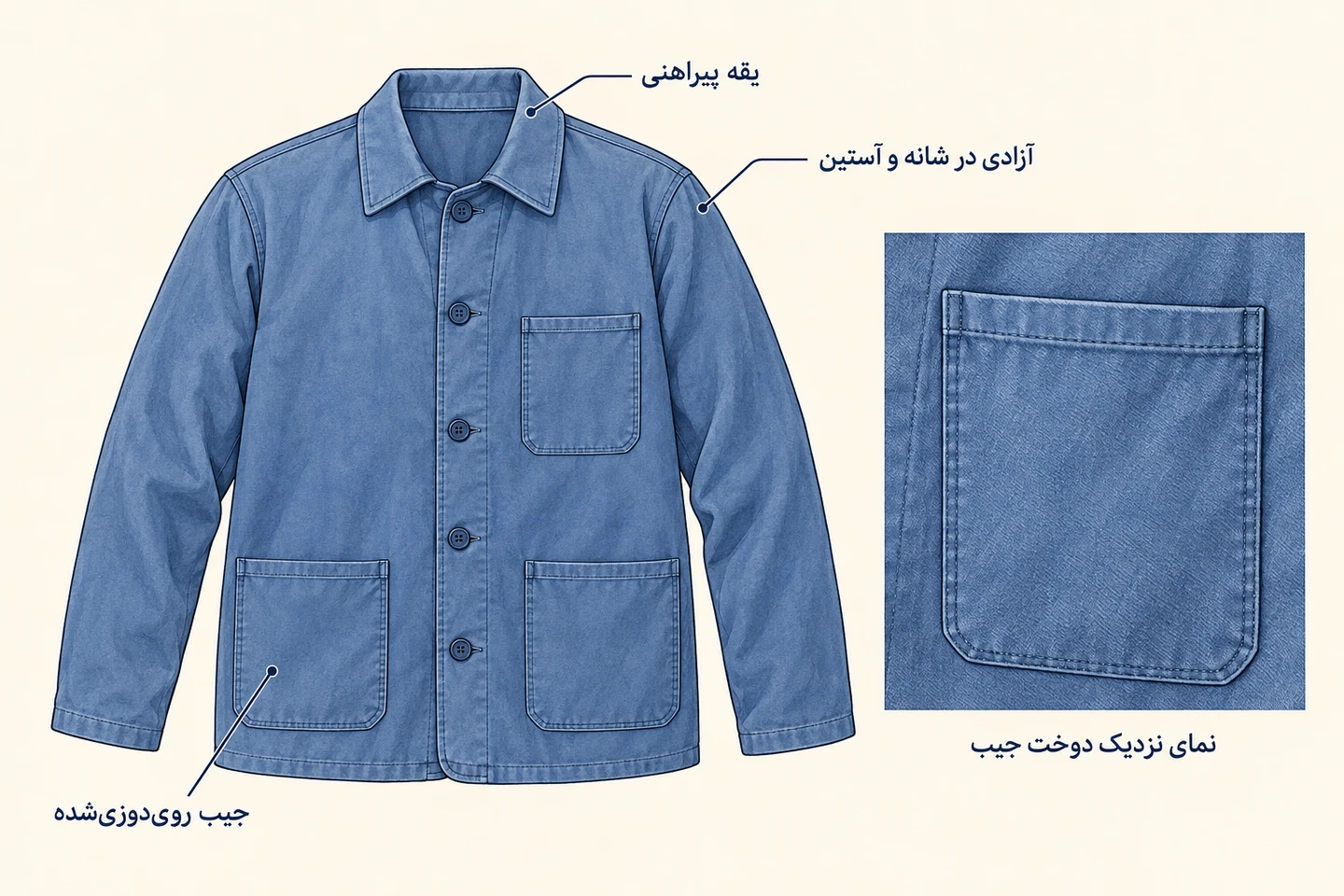 Schéma d’une veste de travail : col de chemise, aisance aux épaules et aux manches, poche plaquée et détail de sa couture ; annotations en persan.