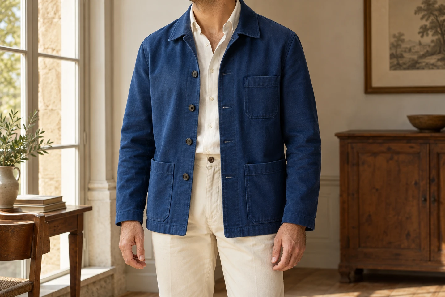 Veste de travail bleue à col de chemise et trois poches plaquées, portée avec une chemise claire et un pantalon crème.
